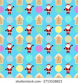 Patrón de lunares de Navidades alegres. Fondo de Festiva sin fisuras con lindas casas de Papá Noel y pan de jengibre