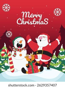 A cheerful Christmas poster in flat or lowbrow style featuring Santa Claus, a snowman, and a cute reindeer with gifts. Perfect for seasonal greetings, holiday cards, kids’ themes, or festive designs