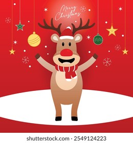 Cheerful Christmas reindeer cartoon illustration with a red nose, Santa hat, scarf, and festive background featuring hanging ornaments, snowflakes, and a vibrant red theme. Perfect for holiday design.