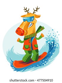 Cheerful Christmas reindeer snowboarding. The illustration on the theme of winter recreation