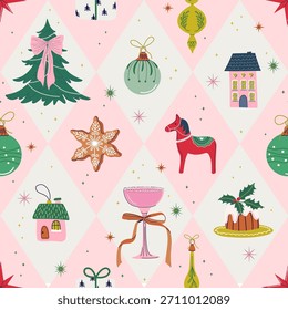 Cheerful Christmas seamless pattern. Decorative vintage Xmas elements on geometric argyle background. Cute happy holidays print design.