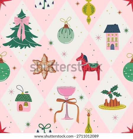 Cheerful Christmas seamless pattern. Decorative vintage Xmas elements on geometric argyle background. Cute happy holidays print design.
