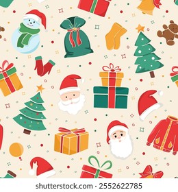 cheerful Christmas seamless pattern with festive icons in a hand-drawn style. Background with classic Christmas elements for holiday wrapping paper, greeting cards or festive apparel