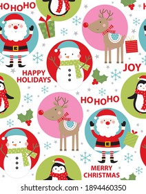 cheerful christmas seamless pattern with santa, reindeer, snowman ang penguin design