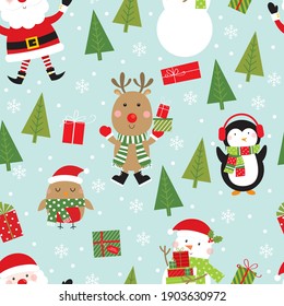 cheerful christmas seamless pattern with santa, reindeer, penguin and snowman design