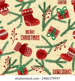 A cheerful Christmas seamless vector featuring holiday elements like stockings, gifts, ornaments set on a cream background in joyful red-green palette. Includes Merry Christmas text.