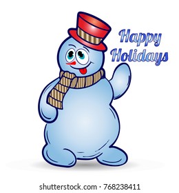 Cheerful christmas snowman in hat and scarf, shows tongue, cartoon on white background, vector