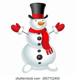 Cheerful Christmas snowman in a top hat, red scarf and mittens. Vector illustration on white background.