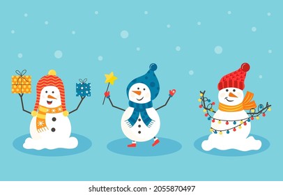 Cheerful christmas snowmen with different presents. Funny snow man wearing hat, scarf with tree. Festive happy xmas holiday cute characters, flat vector cartoon set