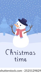 Cheerful "Christmas Time" illustration featuring a snowman with a scarf and hat in a snowy forest setting, with falling snowflakes on a blue background.