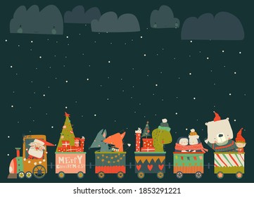 Cheerful Christmas train with Santa and animals