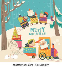 Cheerful Christmas train with Santa, children and animals