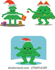 Um conjunto de personagens alegre da árvore de Natal com poses festivas: segurando presentes, decorando com ornamentos e desfrutando de queda de neve.