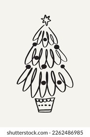 Cheerful Christmas Tree Doodle Drawing. Simple Linear Vector Illustration on Off-White Background. Perfect for Holiday Cards.