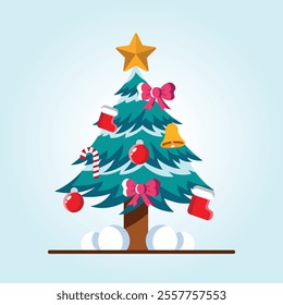 A cheerful Christmas tree illustration adorned with various festive decorations, creating a joyful holiday atmosphere.