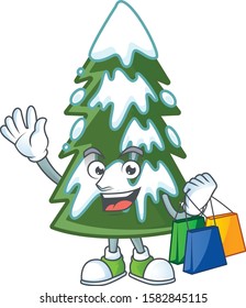 Cheerful christmas tree snow cartoon character waving and holding Shopping bags