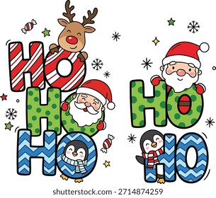 Una alegre Ilustración vectorial de Navidades que presenta una tipografía juguetona de “Ho Ho Ho” decorada con lindos personajes navideños que incluyen a Santa Claus, un reno y un pingüino. Colores festivos brillantes, letras estilo caramelo, copos de nieve y estrellas crean un sentimiento festivo alegre. Perfecto para tarjetas de Navidad, diseños para niños, camisetas, pegatinas, carteles, redes sociales y materiales de marketing de temporada.