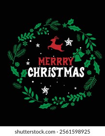 A cheerful Christmas-themed T-shirt featuring a vibrant red and green color palette. The centerpiece is a playful typography de