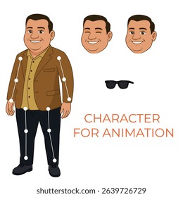Cheerful Chubby Male Character Set for Animation Customizable Man in Brown Suit with Sunglasses and Expressive Faces