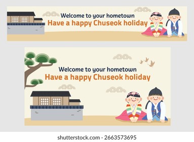 A cheerful Chuseok banner template featuring cute characters in traditional Korean hanbok, a hanok house, and welcoming greetings