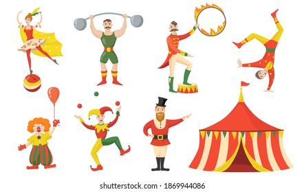 Cheerful circus character and performers flat set for web design. Cartoon acrobat, clown, juggler strongman isolated vector illustration collection. Carnival and circus arena concept