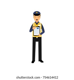 Cheerful city police officer standing with clipboard in hands. Cartoon policeman character in uniform with reflective waistcoat. Concept of traffic security. Isolated vector illustration in flat style