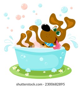 Cheerful clean dog takes a bath with soapy foam. Vector illustration isolated on white background