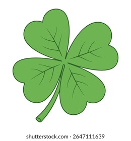 Um vetor de design plano alegre e limpo ilustração de um trevo verde vibrante de quatro folhas, perfeito para representar sorte, boa fortuna, Dia de São Patrício e elementos naturais. 