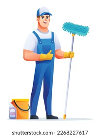 Cheerful cleaning man with mop and bucket. Male janitor cartoon character