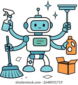 A cheerful cleaning robot with multiple arms holds various cleaning tools like a mop, spray bottle, and detergent. This colorful and cute illustration represents a futuristic helper for household chor
