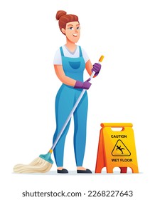 Mujer de limpieza alegre con mop. Caricatura de janitor femenino