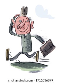 The cheerful clerk is running. Comic character. Vector illustration