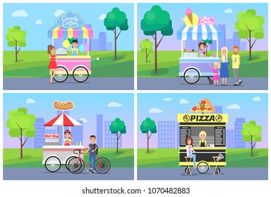 Cheerful clients near street food shops in park vector illustration with pizza and hot dog shops, candy cotton and ice cream kiosks with tasty food