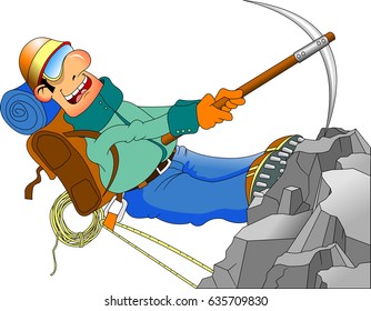 Cheerful climber conquers a high mountain, vector and illustration