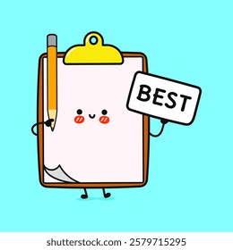 Cheerful Clipboard Character with Best Sign and Pencil on Vibrant Blue Background