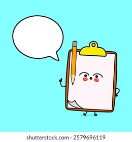 Cheerful Clipboard Character with Speech Bubble Pencil on Light Blue Background