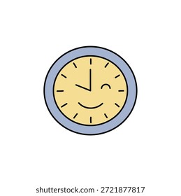 Cheerful clock icon. Round face with a smiling expression and winking eye. Light yellow fill, blue border. Simple, clean design. Time concept. with intricate details and high visual appeal.