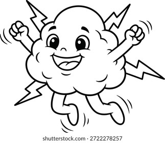 Alegre personaje de la nube con rayos en un estilo de arte de línea en blanco y negro. Perfecto para libros para colorear en preescolar, hojas de trabajo educativas, lecciones de Clima y divertidas actividades científicas.
