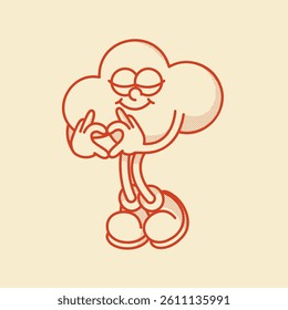 Cheerful cloud character retro mascot with smiling face and cute shoes. Hands in heart gesture