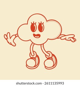 Cheerful cloud character retro mascot surprised or scared  in cute shoes.
