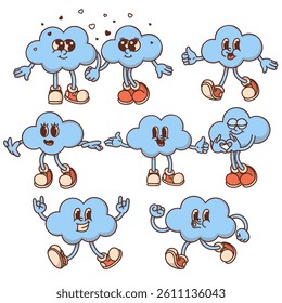 Cheerful cloud character retro mascot with smiling face, shoes, hands in rock gesture. Cute weather symbol