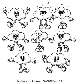 Cheerful cloud character retro mascot with smiling face, shoes, hands in rock gesture. Cute weather symbol