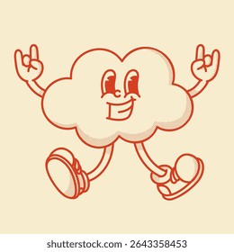 Cheerful cloud character retro mascot with smiling face, shoes, hands in rock gesture. Cute weather symbol