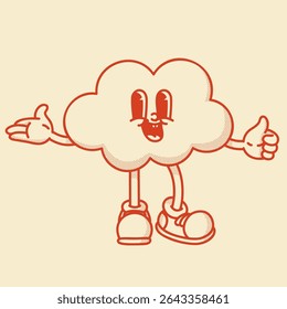 Cheerful cloud character retro mascot with smiling face, shoes, giving a thumbs up. Cute weather symbol