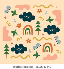 Cheerful Clouds and Rainbows A Whimsical Landscape Doodle Element