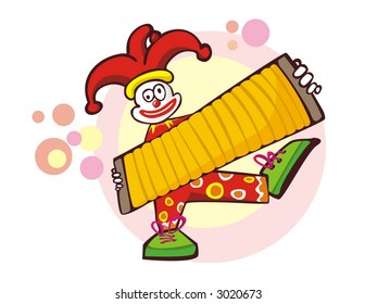 The cheerful clown and an accordion. Vector illustration.