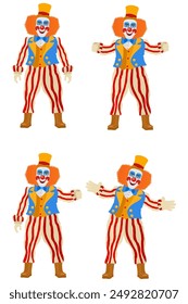 cheerful clown actor and circus character flat style vector illustration isolated on background