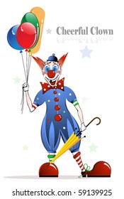 Cheerful clown with bright balloons