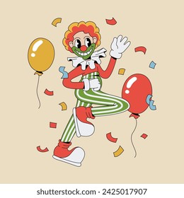 Cheerful Clown in cartoon groovy style waving.