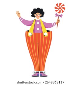 Cheerful clown with curly hair wearing oversized striped pants and a pink shirt, holding a large red-and-white lollipop. Bright, playful illustration perfect for entertainment and circus themes.